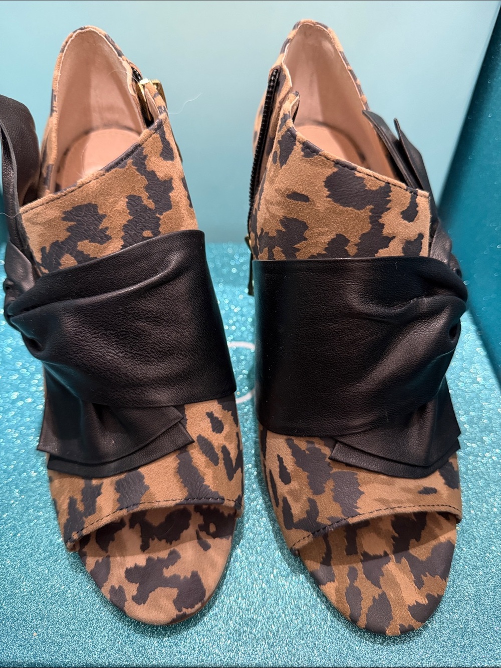 Louise et Cie Leopard Print Open-Toe Mules with Black Leather Wrap